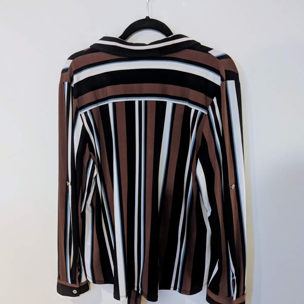 Cleo XXL Striped Tie Front Blouse NWT Neutral Brown Black Button Up Office Chic - Picture 3 of 3